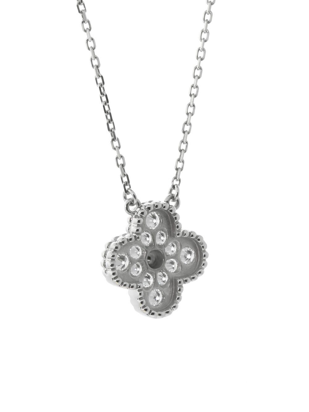 Van Cleef & Arpels diamond Alhambra necklace in 18k White Gold adorned with round brilliant cut diamonds, the pendant measures 15mm by 15mm. 

Accompanied with Van Cleef & Arpels documents.

Van Cleef & Arpels Retail Price: $8,150