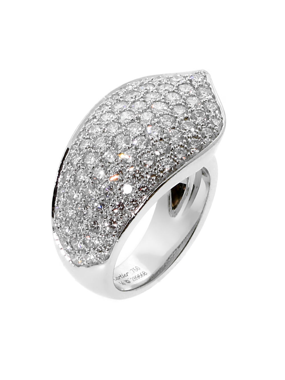 A fabulous authentic Cartier ring set with the finest Cartier round brilliant cut diamonds in shimmering 18k white gold.

Size: US 7 1/2 / EU 56 (Resizeable)
Dimensions: .66″ Inches Wide

Inventory ID: 0000140