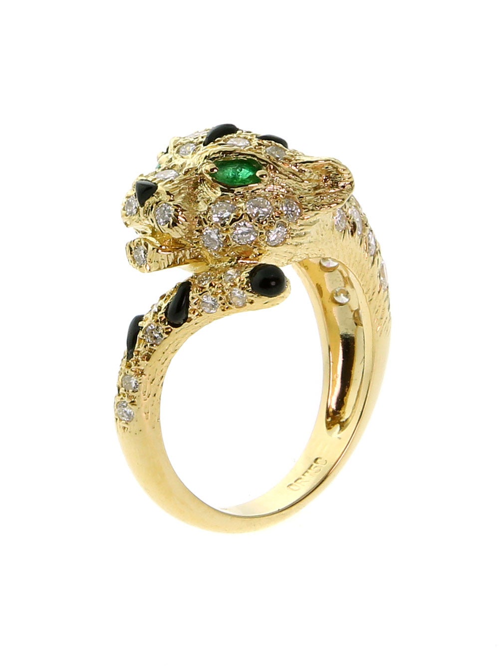 A fabulous authentic Piaget Panther ring featuring carefully carved onyx, the finest round brilliant cut diamonds and an emerald accent eye in 18k yellow gold.

Size: US 6
Dimensions: .51″ Inches wide

Inventory ID: 0000293