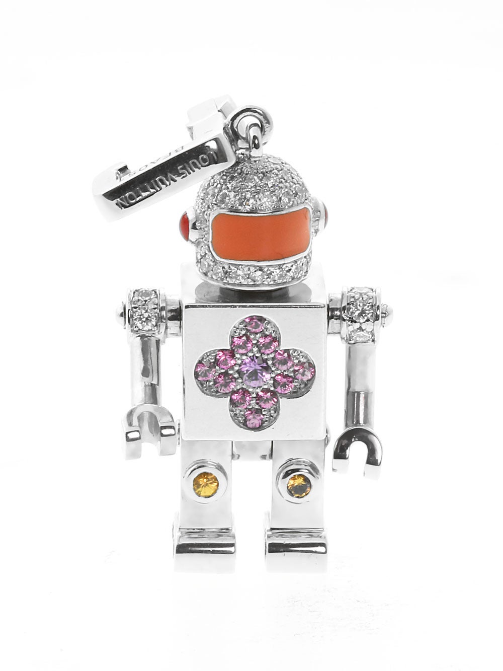 A magnificent authentic Louis Vuitton diamond Spaceman Charm set with a beautiful mix of diamonds and many colored sapphire stones in 18k white gold.

Dimensions: .66″ Wide by 1.10″ in Length
Inventory ID: 0000199

Louis Vuitton Retail Price :