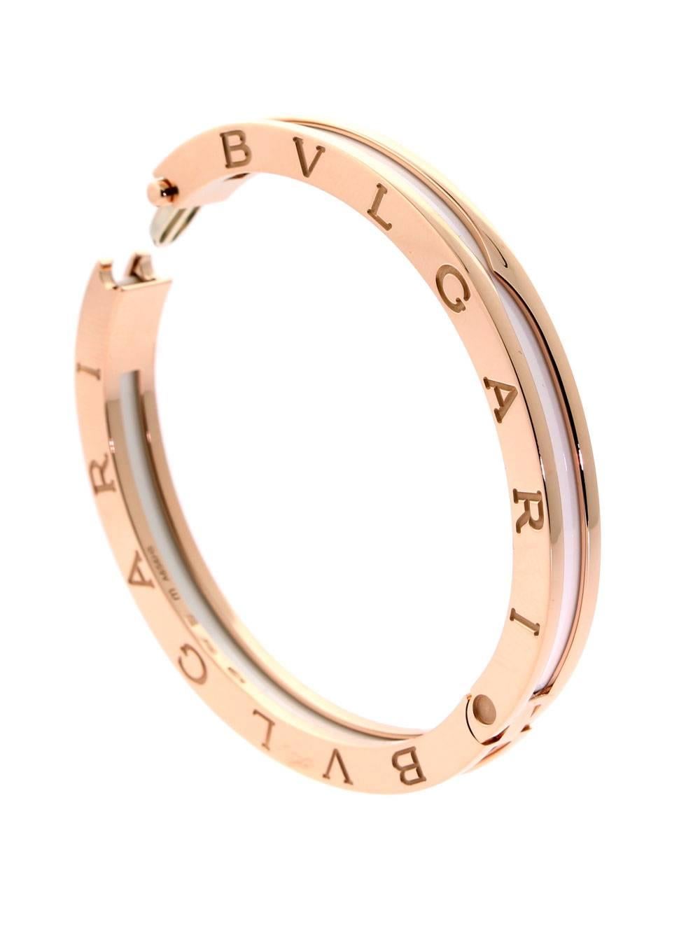 When your outfit needs a subtle accessory to make it pop, consider wearing Bulgari’s Ceramic Rose Gold Bracelet. With this classic embellishment on your wrist, you’ll bring a touch a class to every apparel ensemble. The piece’s white ceramic center