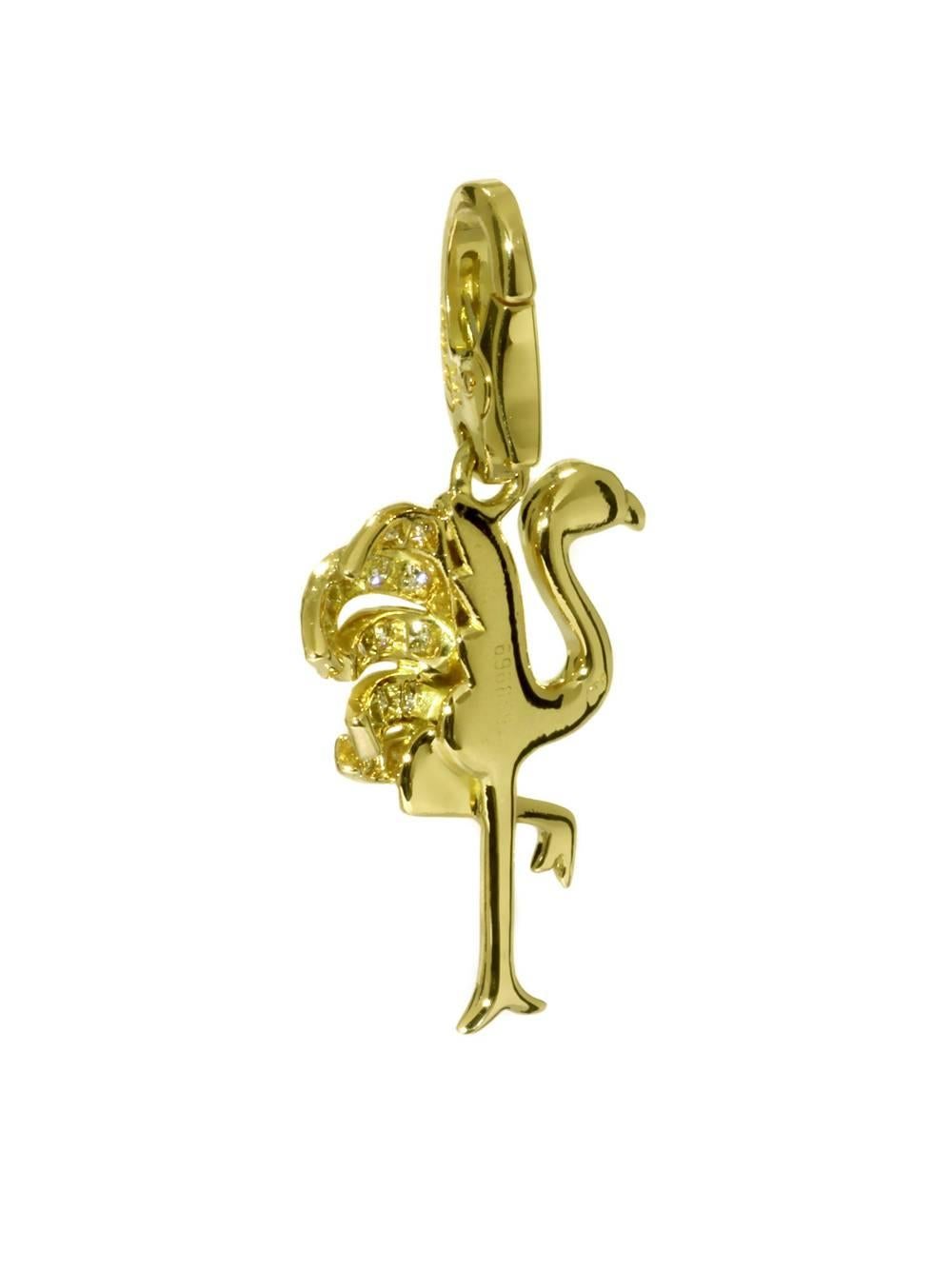 An extremely rare Cartier Flamingo pendant/ charm charm set with the finest Cartier round brilliant cut diamonds in 18k yellow gold.

Dimensions: 15mm wide (.59″ Inches) by 31mm (1.22″ Inches) in length

Inventory ID: 0000110
