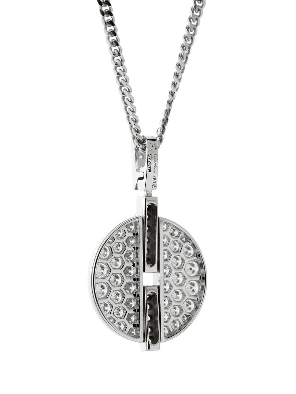 A beautiful 18kt white gold Cartier diamond pendant boasting the finest diamonds in a circular pattern.

Dimensions: The pendant measures .78″ Inches wide by 1.25″ Inches in length

Inventory ID: 0000108