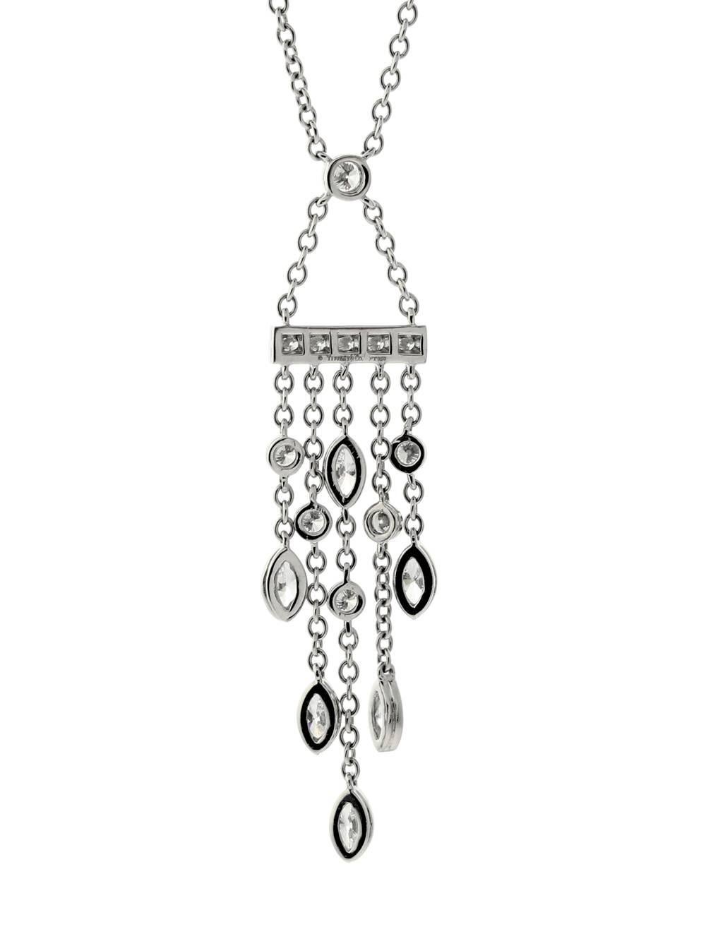 A luxurious Tiffany & Co. necklace featuring round brilliant cut diamonds mixed with marquise diamonds set in platinum. 

This drop of the pendant measures 2