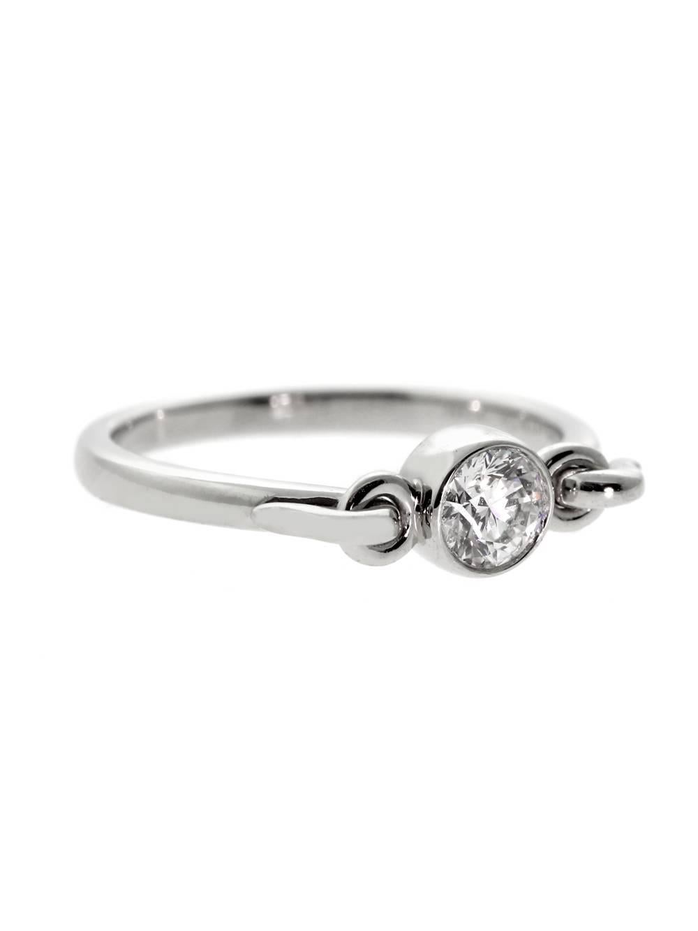 A classic diamond solitaire ring by Tiffany & Co, featuring a .44ct round brilliant cut diamond set in platinum. 

Size 4 (Resizeable)

Inventory ID: 0000372