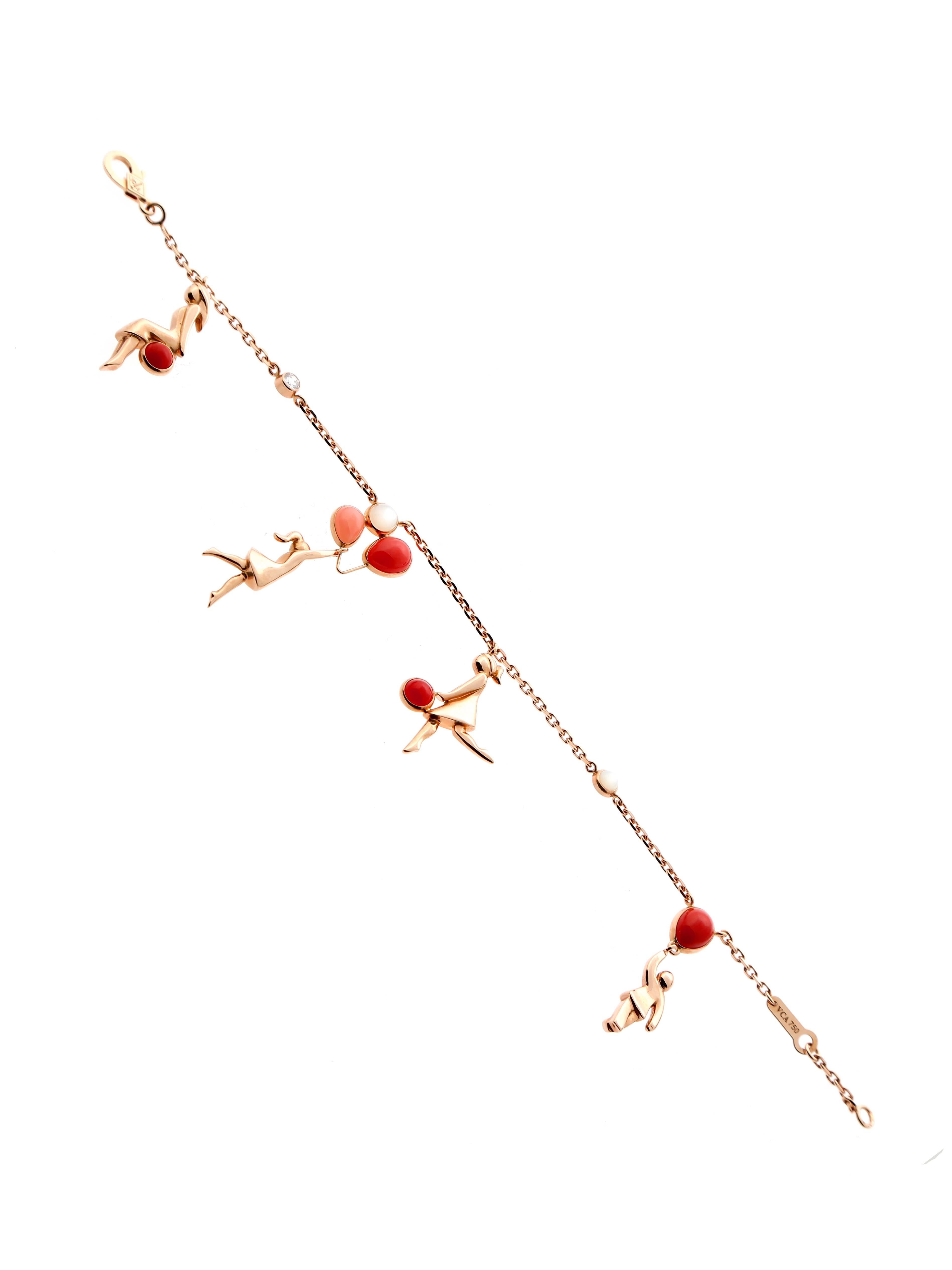 A chic bracelet by Van Cleef & Arpels featuring coral, moonstone and a diamond crafted in 18k rose gold. The bracelet measures 6.5