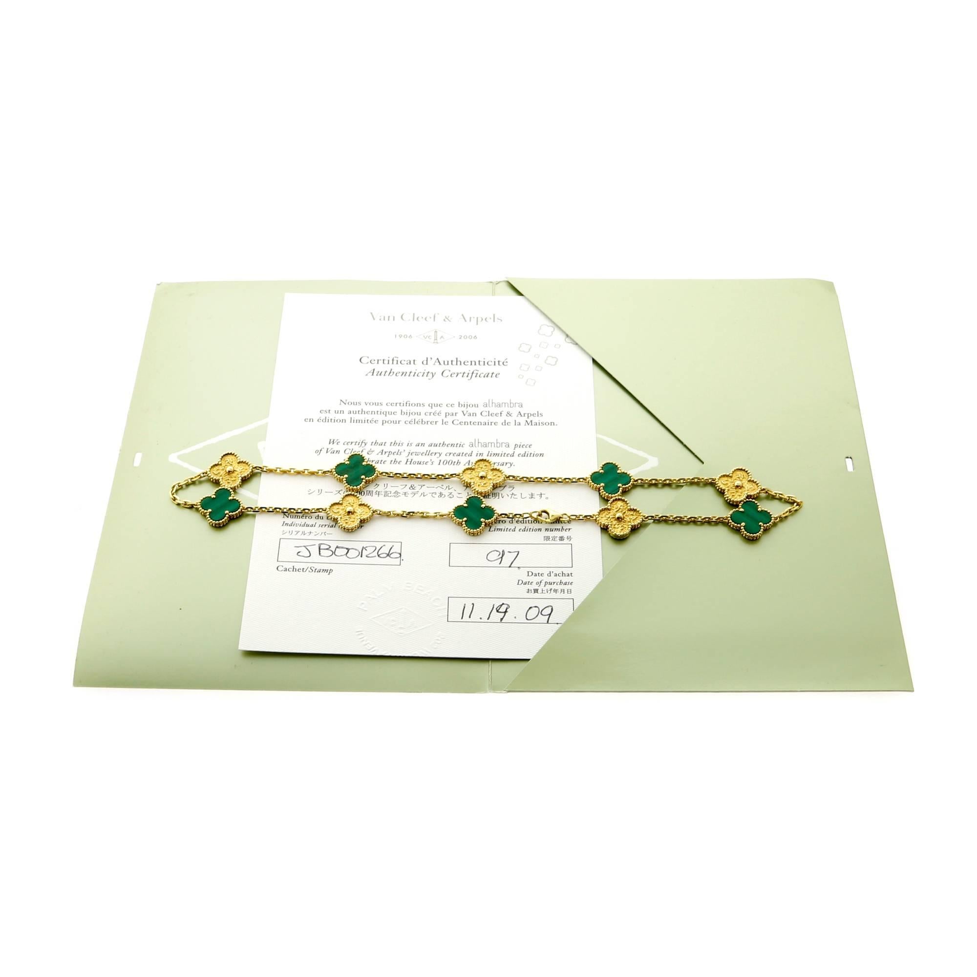 A special release by Van Cleef Arpels and limited to only 100 pcs this magnificent Malachite necklace is crafted in 18k yellow gold and perfect for any VCA collector. Accompanied by Van Cleef Arpels documents.

The necklace measures 16