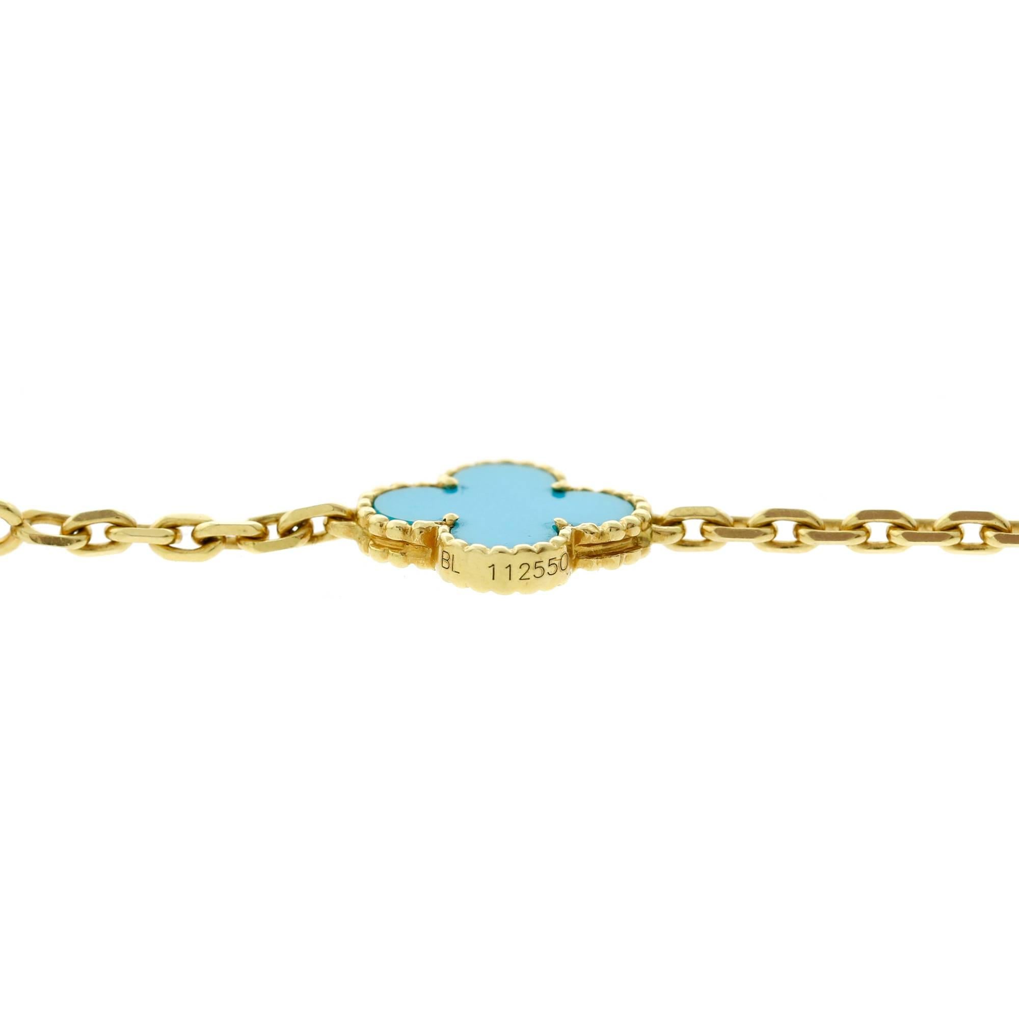 An excellent condition highly collectible Van Cleef Arpels Turquoise Vintage Alhambra Necklace in 18k yellow gold.

The necklace has a length of 16.5" and each motif has a diameter of .59"

This magnificent piece is offered by Opulent