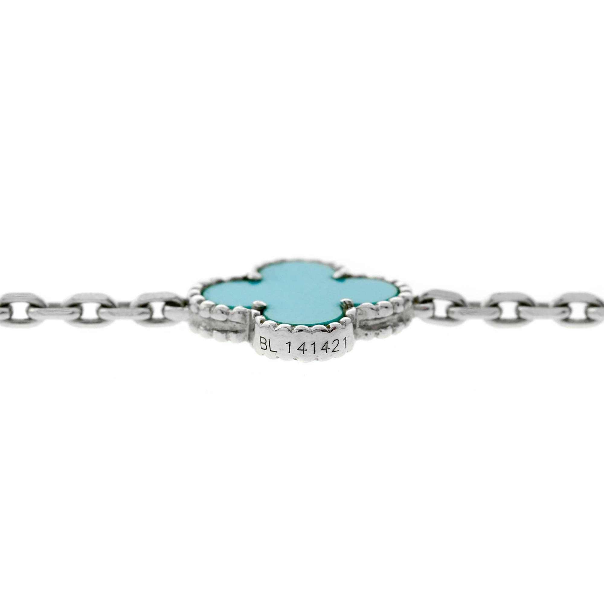 An excellent condition highly collectible Van Cleef Arpels Turquoise Vintage Alhambra Necklace in 18k white gold.

The necklace has a length of 17