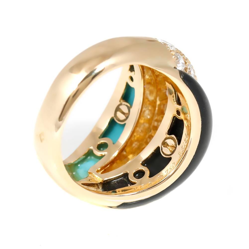 Van Cleef & Arpels Onyx Turquoise Diamond Gold Bombe Style Ring In Excellent Condition In Feasterville, PA