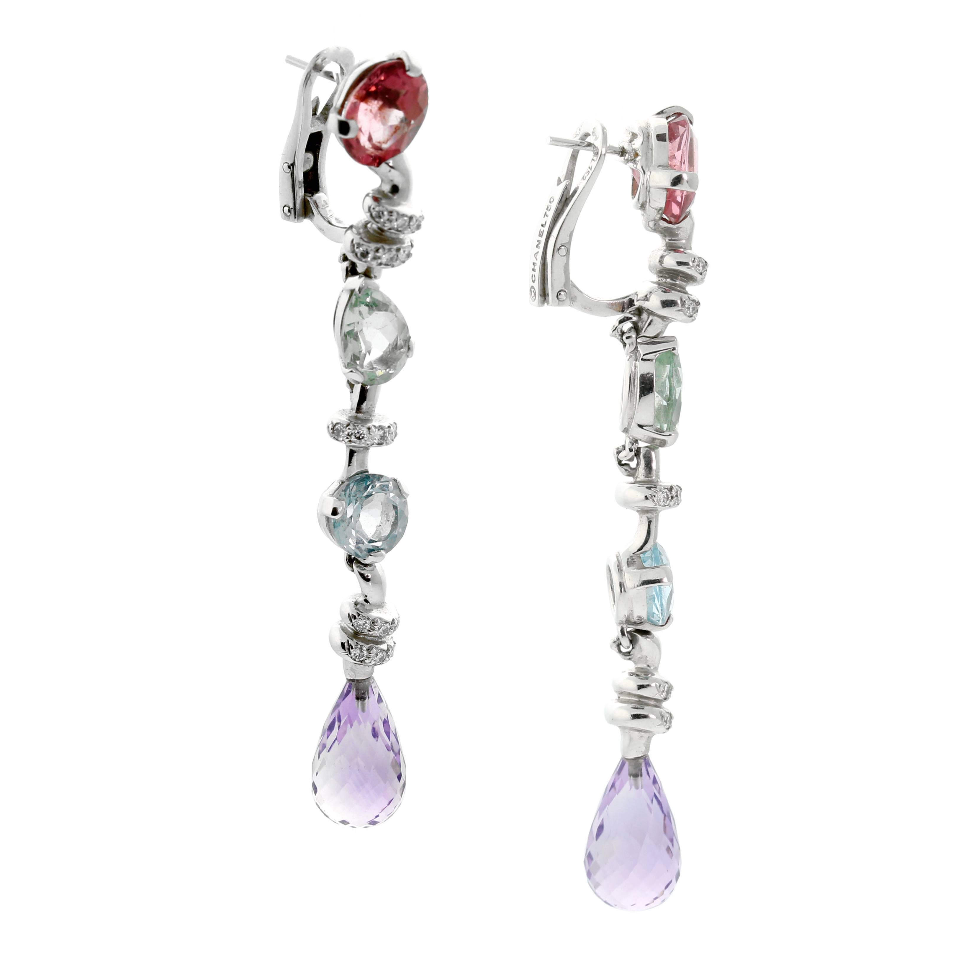 A fabulous pair of Chanel earrings featuring various gemstones illuminated by the finest Chanel round brilliant cut diamonds set in 18k white gold.

Inventory ID: 0000563