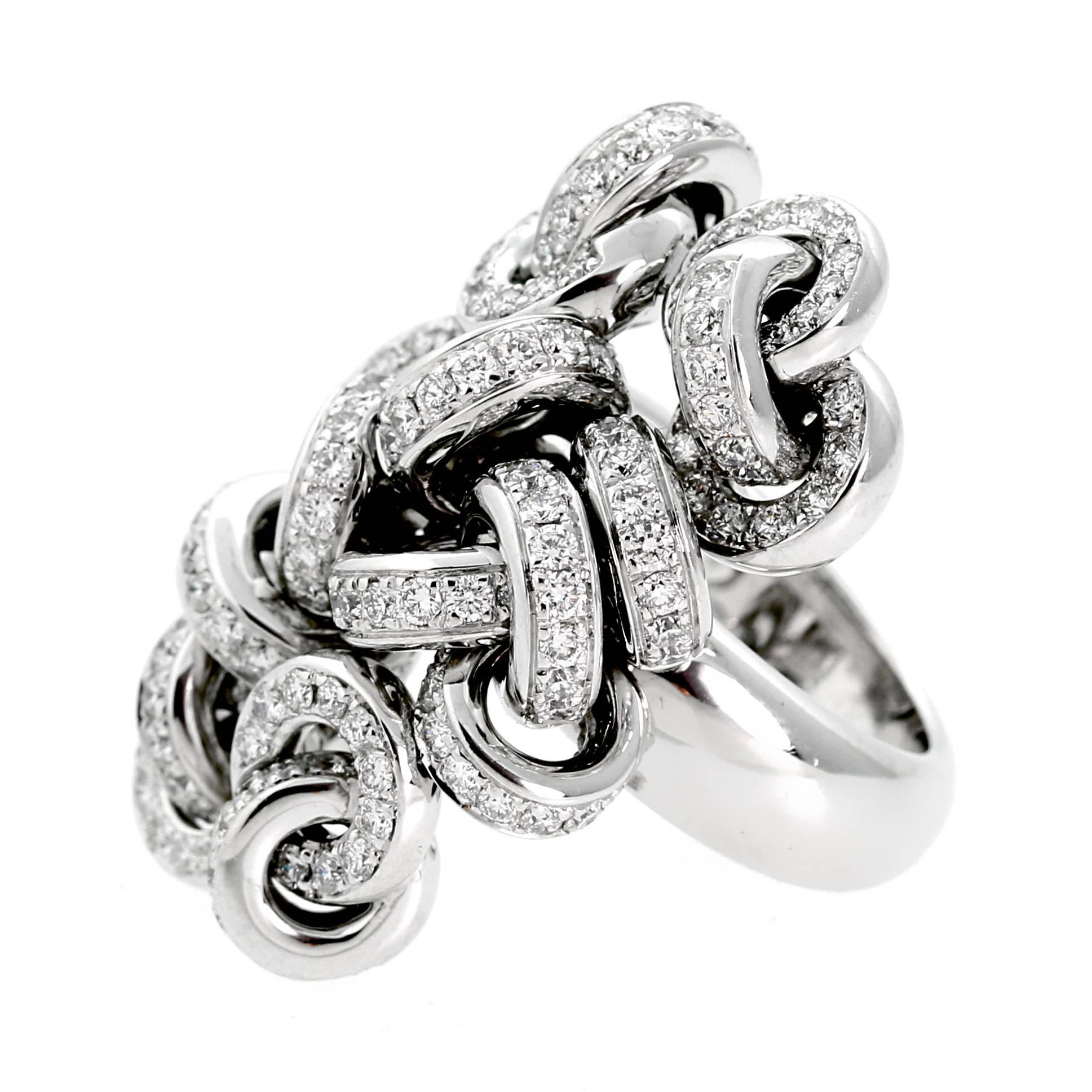 A fabulous De Grisogono diamond cocktail ring set with 3cts of the finest round brilliant cut diamonds in 18k white gold. Size 6.75

Inventory ID: 0000561