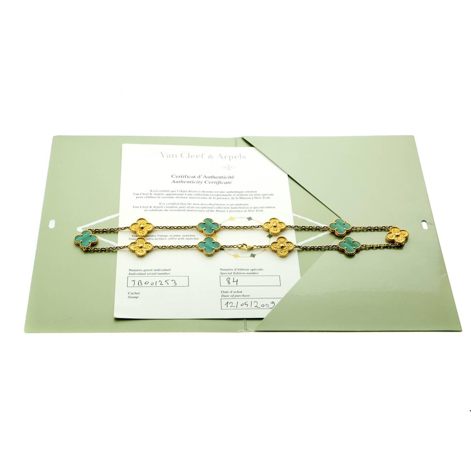 A set of Van Cleef Arpels limited edition Malachite necklaces, only 100 of these rare necklaces were produced and have sold out immediately. 

The motifs measure 15mm each

These two necklaces come with the original Van Cleef & Arpels certificates.