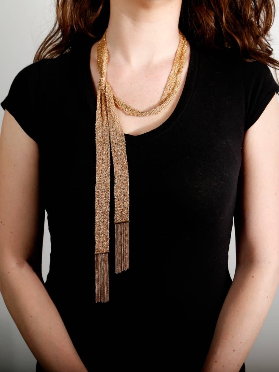 Simple and elegant, this 18k Rose Gold Boucheron 46" Gold Scarf Necklace is an ideal accessory to complement any ensemble. The necklace weighs 154 grams.

Boucheron Retail Price: $37,200 + Tax