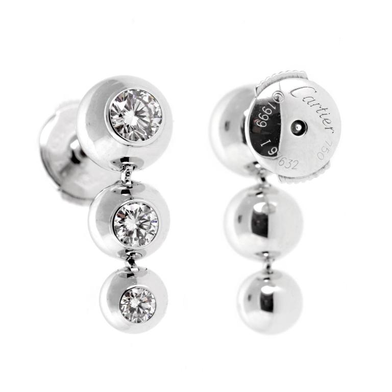 Cartier Diamond White Gold Drop Earrings At 1stdibs An Authentic Pair Of Cartier Diamond Earrings Each Featuring 3 The Finest Round Brilliant