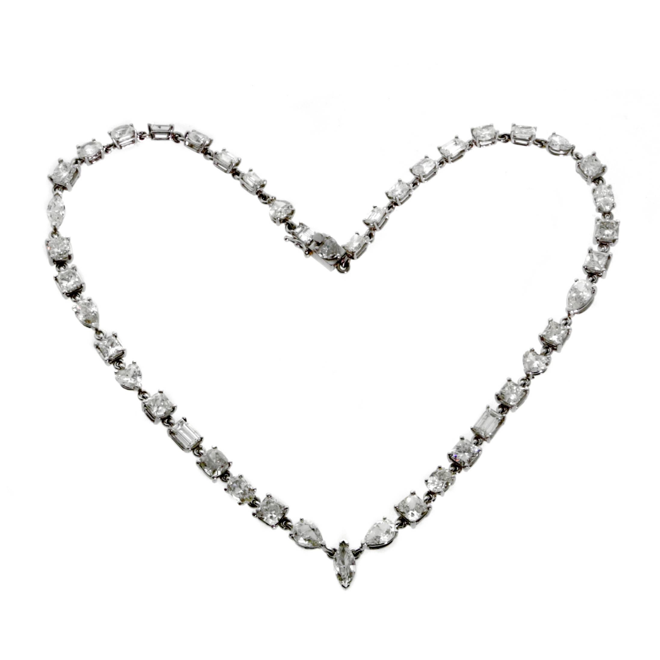 A plethora of diamonds set in platinum, this fine necklace features multi-shaped diamonds for an exciting look. The necklace features a stunning 31cts of diamonds and has a length of 16