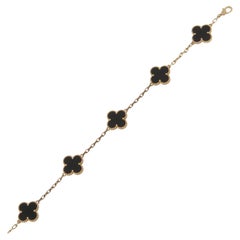 Van Cleef & Arpels Vintage Alhambra 5 Motif Onyx Bracelet 18K Yellow Gold