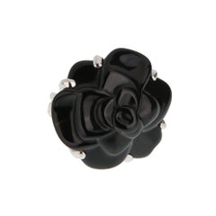 Chanel Camelia Large Onyx 18k White Gold Cocktail Ring Sz 5 1/2