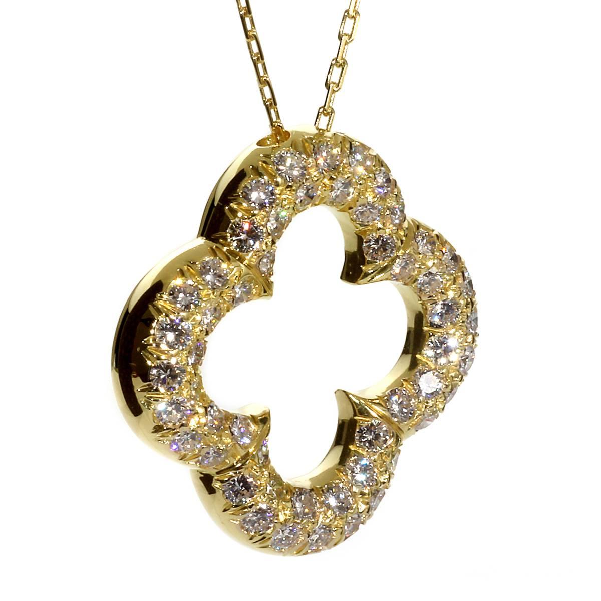 A fabulous vintage Van Cleef and Arpels Alhambra necklace set with 52 of the finest round brilliant cut diamonds (2.08ct appx) in 18k yellow gold. The pendant measures 1