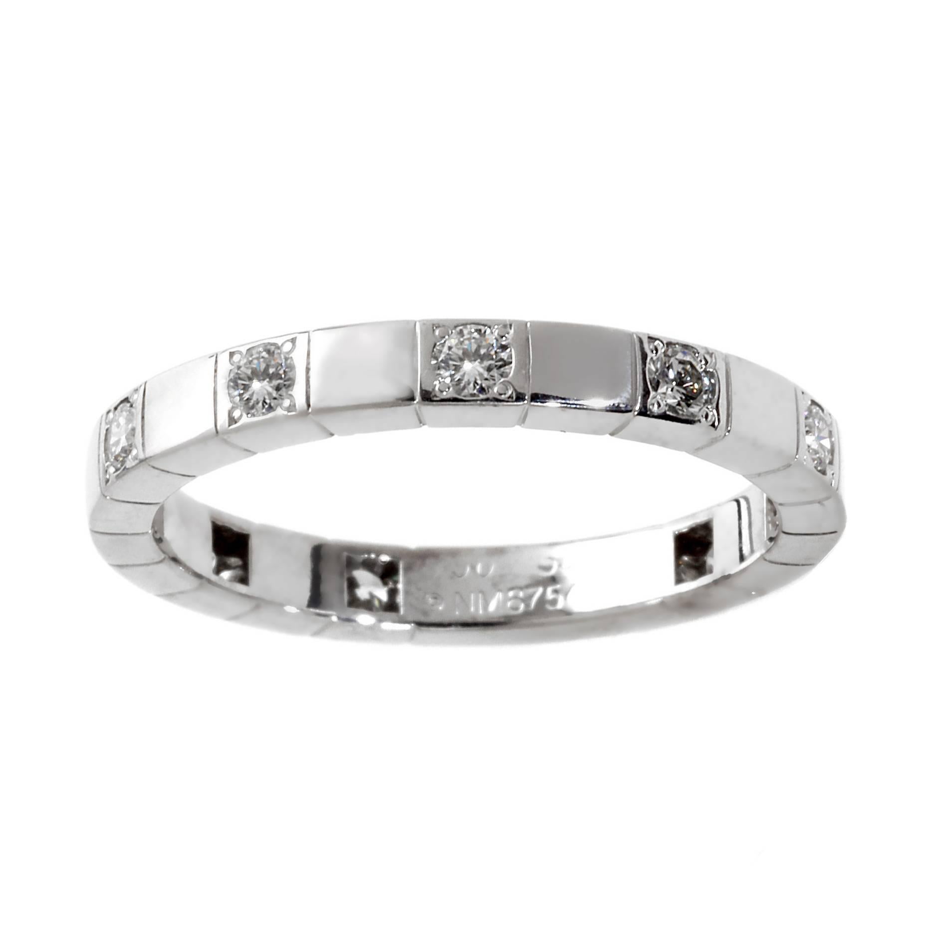 A timeless Cartier diamond band featuring 9 of the finest Cartier round brilliant cut diamonds in 18k white gold. Dimensions: 3mm Wide (.11″ Inches) Size: US 8 3/4 / EU 58

This magnificent piece is offered by Opulent Jewelers, we are an accredited
