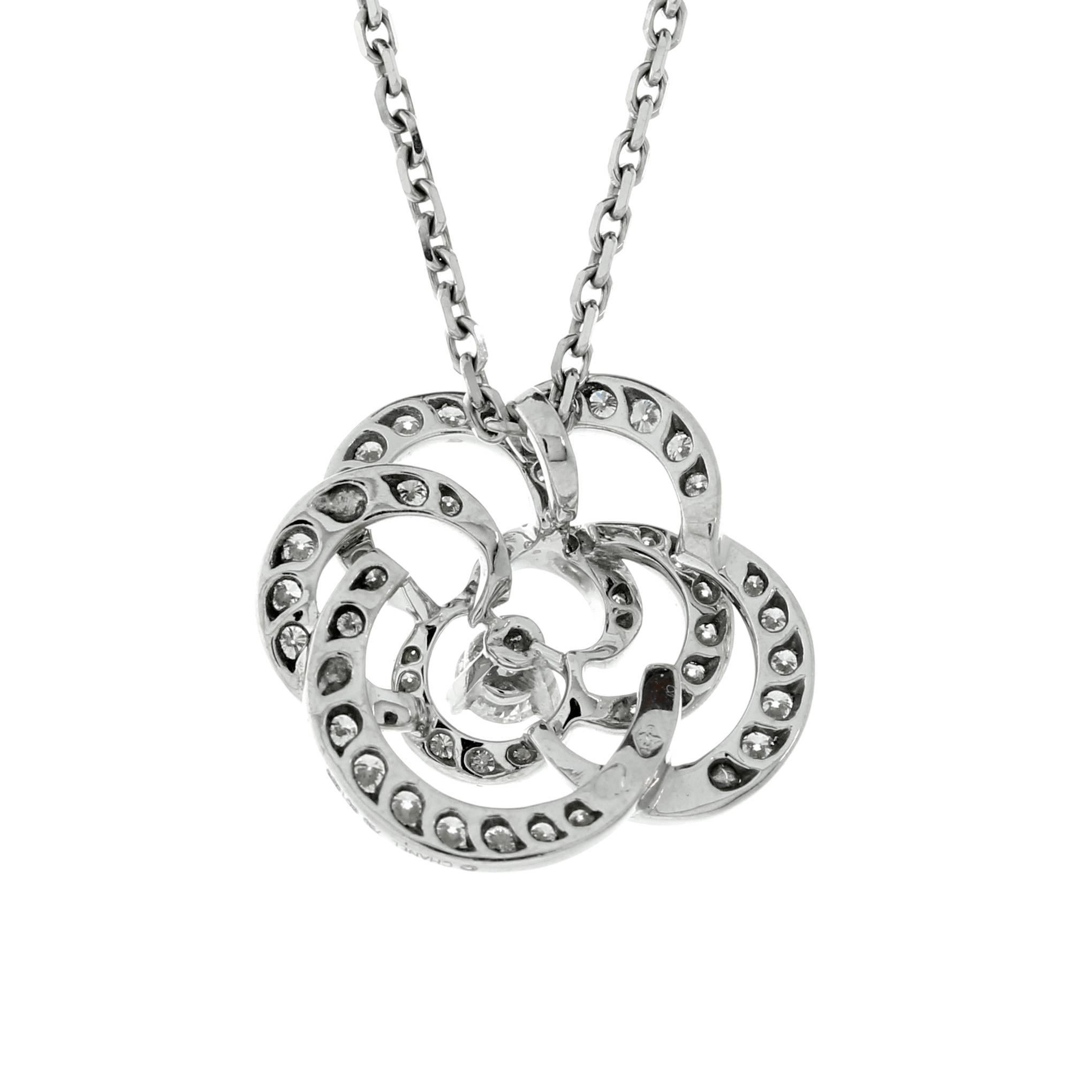 A fabulous Chanel necklace depicting a Camellia flower set with the finest Chanel round brilliant cut diamonds in 18k white gold.

Necklace Length: 16