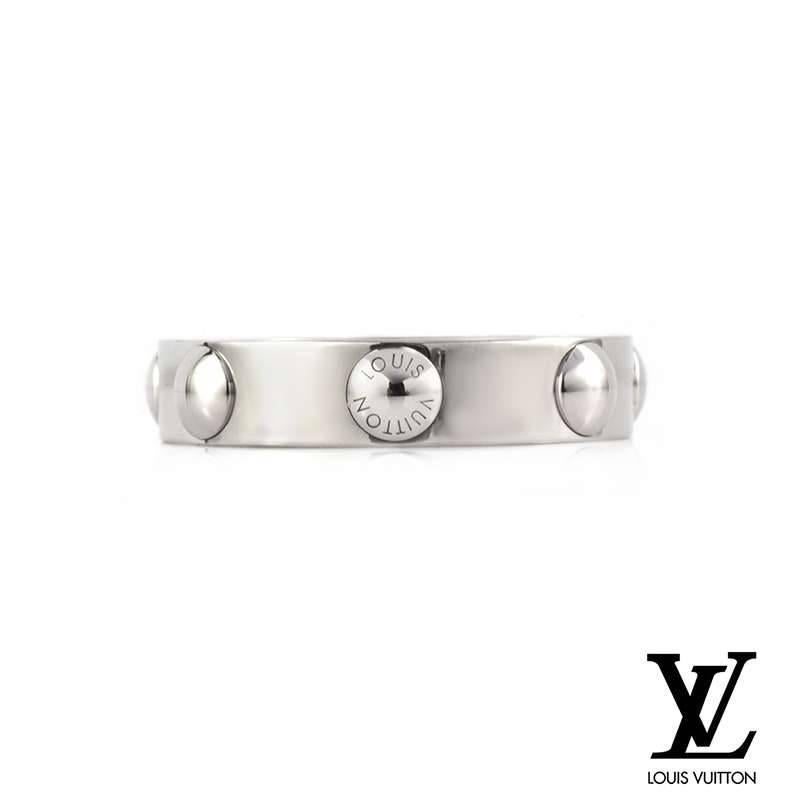 US size 8 1/2.  An 18k white gold Emprise ring by Louis Vuitton. The ring is set with small 18k white gold studs set around the outside of the band. The ring is a size Q1/2 with a gross weight of 11.00 grams. 

This ring comes complete with a Louis