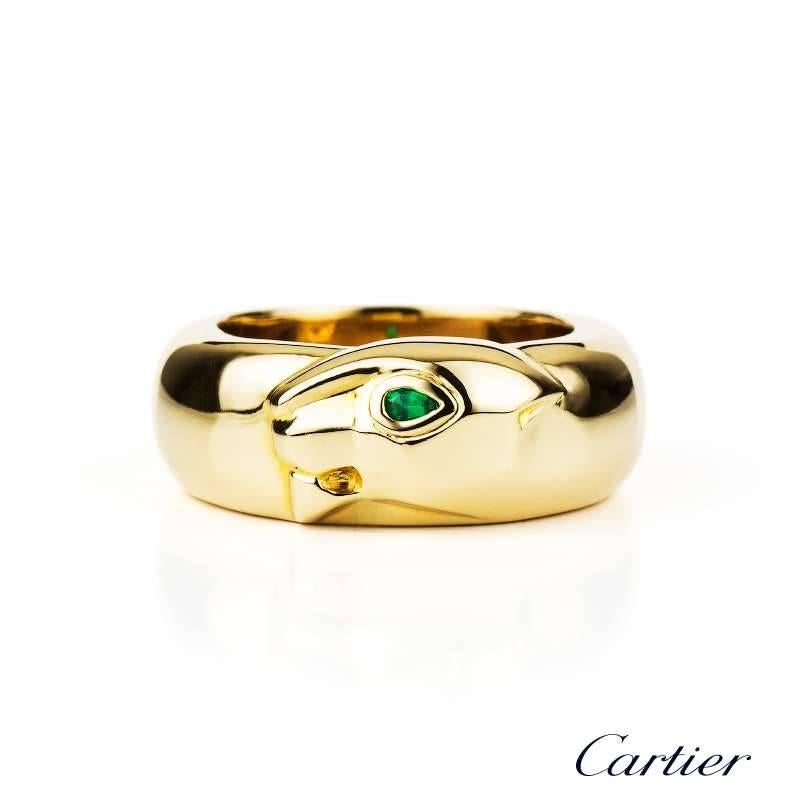 Cartier 18k yellow gold panthere ring set with tsavorite eye. The ring is a size K. The ring comes complete with a Cartier presentation box and our own certificate of authenticity.