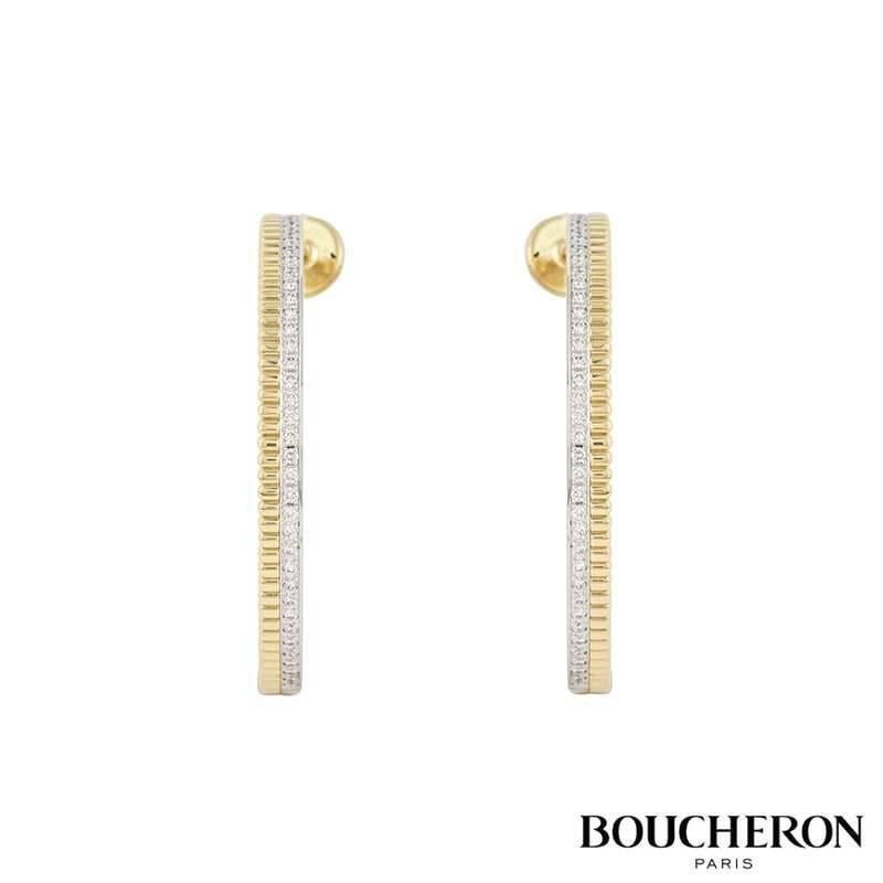 A pair of 18k white and yellow gold diamond set Quatre Radiant Edition hoop earrings from the Boucheron Quatre collection. Each earring is composed of a vertical 18k yellow gold beaded edge running along side an 18k white gold row of pave set round