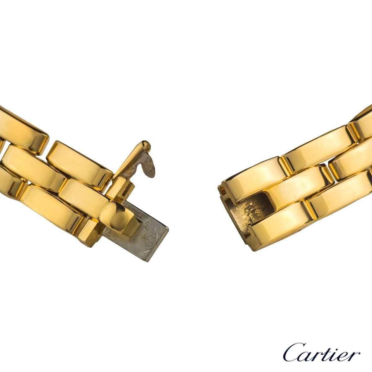 A beautiful 18k yellow gold Cartier bracelet from the Maillon Panthere collection. The bracelet comprises of 3 rows of linked gold bars measuring a length of 7.45 inches. The bracelet features a box clasp with a side lock for security and has a
