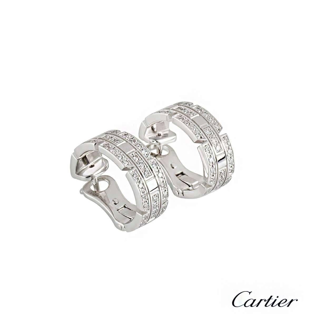 A stunning pair of 18k white gold Cartier Maillon earrings from the Links and Chains collection. Each hoop is made up of iconic 18k white gold solid links with 50 round brilliant cut pave set diamonds, totalling approximately 1.00ct. The earrings