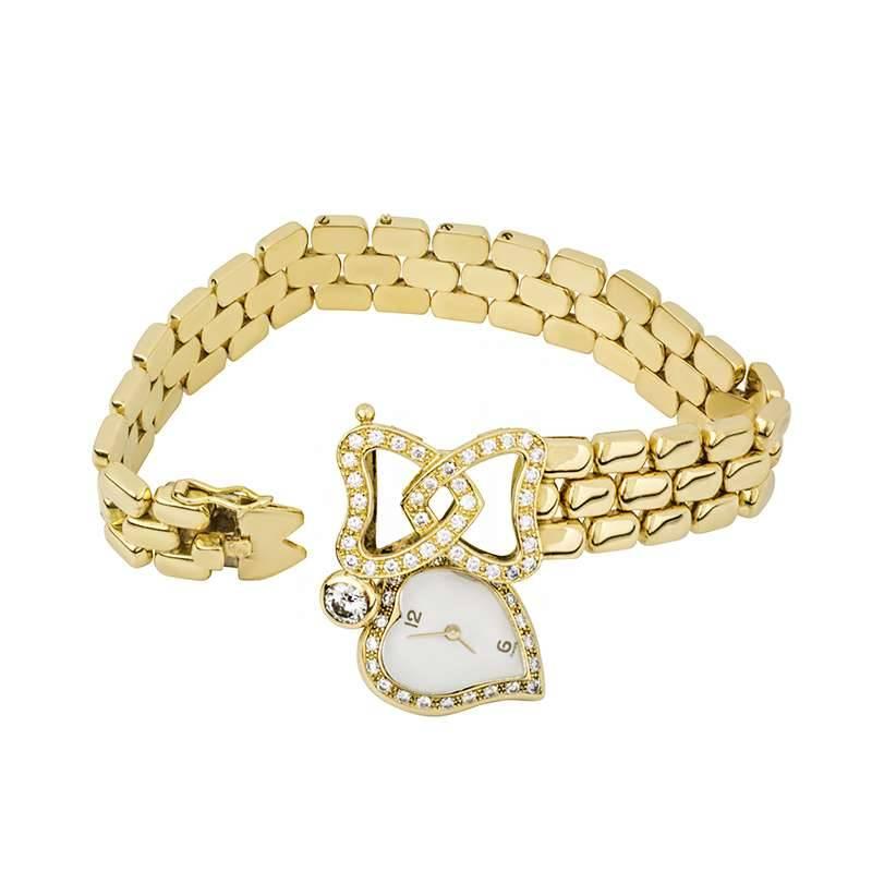 This stunning 18k yellow gold bracelet watch has the body of the bracelet that is composed of a brick link design, set to the centre with a round brilliant cut diamond set, open work bow motif. Suspended from the bow is a single round brilliant cut