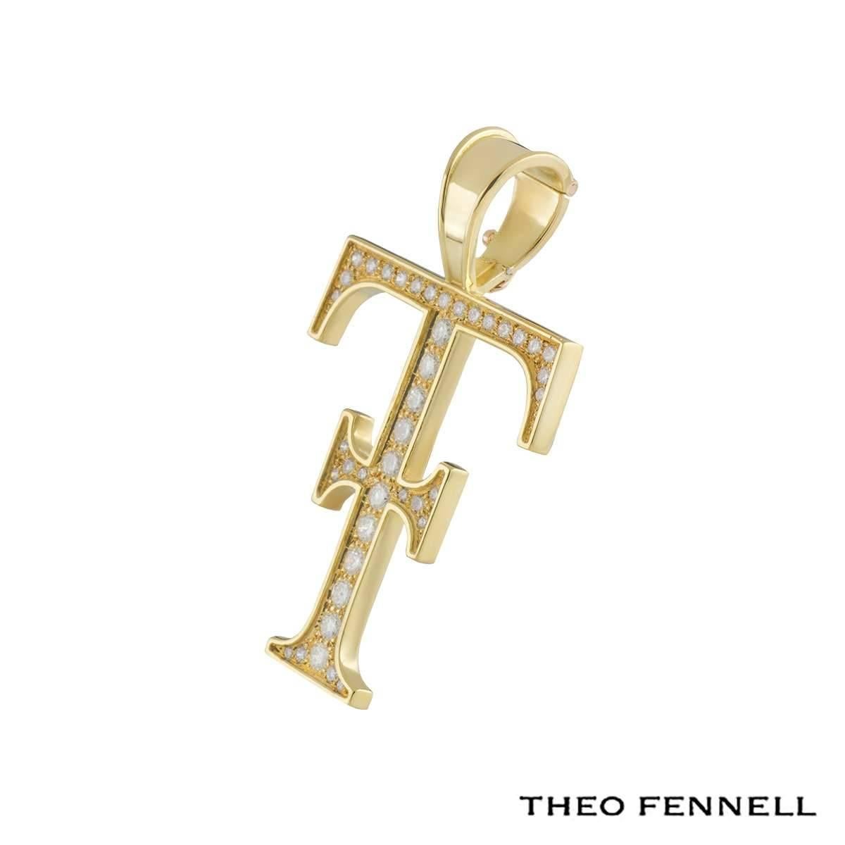 A stunning 18k yellow gold Theo Fennell pendant. The pendant comprises of the Theo Fennell logo motif with 41 round brilliant cut diamonds pave set with a total approximate weight of 1.09ct, G colour and VS clarity. The pendant features a loop bail