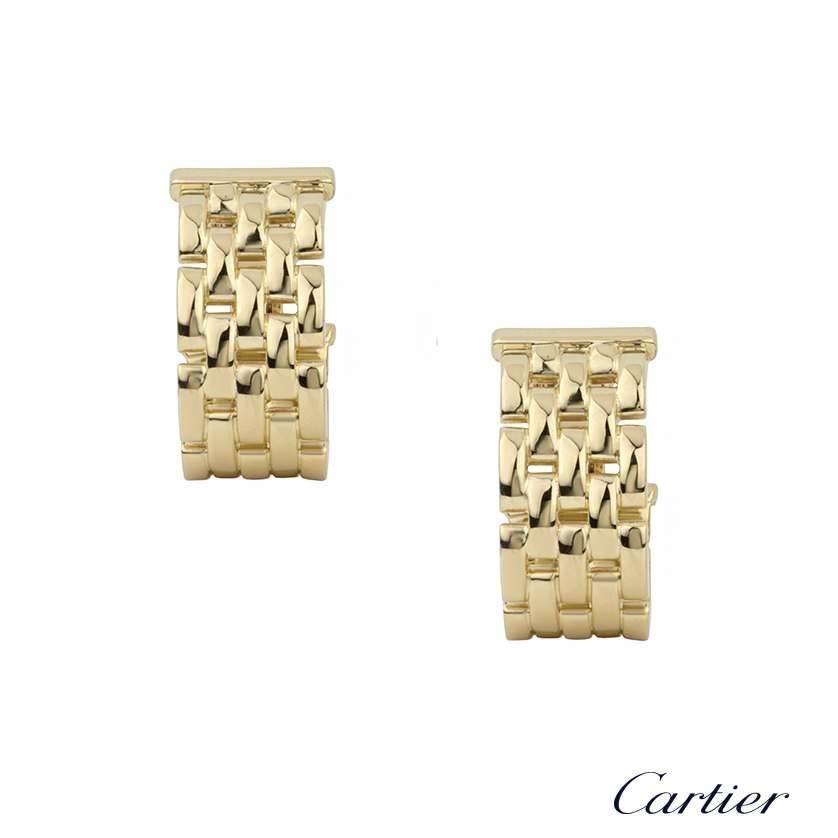 A pair of 18k yellow gold earrings from the Maillon Panthere collection by Cartier. The earrings are composed of five rows of iconic flat links in a half hoop design. The earrings feature a post and clip and measure 2.5cm in length with a gross