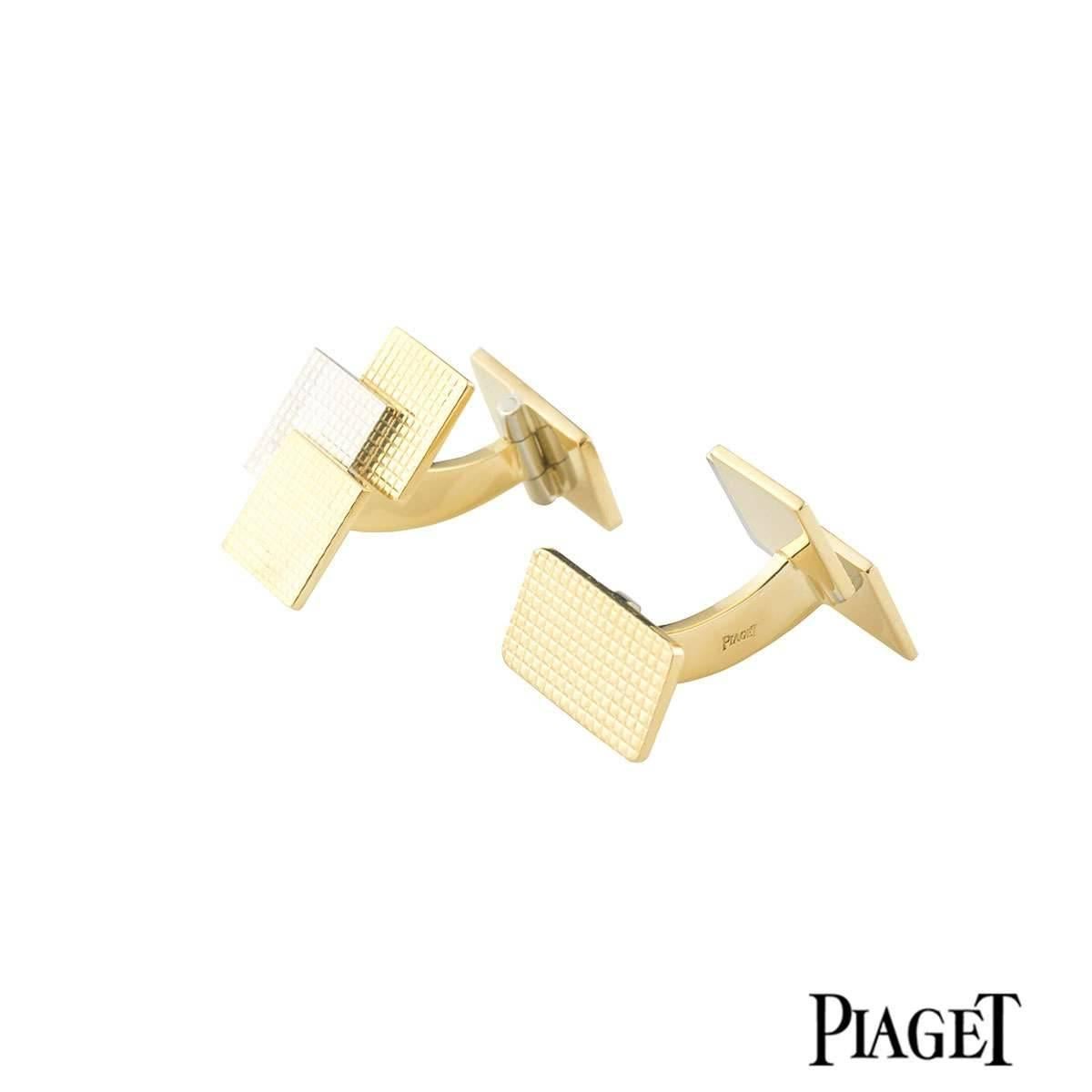 A pair of 18k white and yellow gold Piaget cufflinks. The cufflinks comprise of 3 squares with embossed grids on each abstractly positioned. There are two yellow gold squares and one white gold square. The cufflinks feature a T bar fitting and have