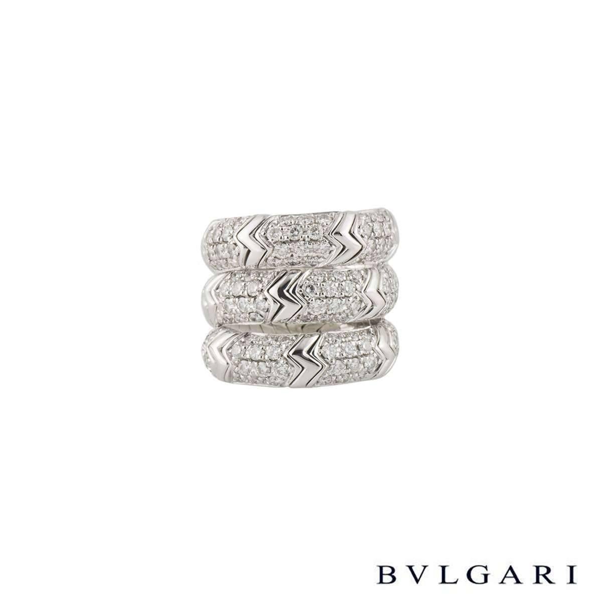 A luxurious 18k white gold Bvlgari diamond jewellery suite from the Spiga collection. The jewellery suite comprises of a necklace, earrings, bangle and ring. The necklace comprises of a heavy spiga linked motif with 5 link evenly placed through the