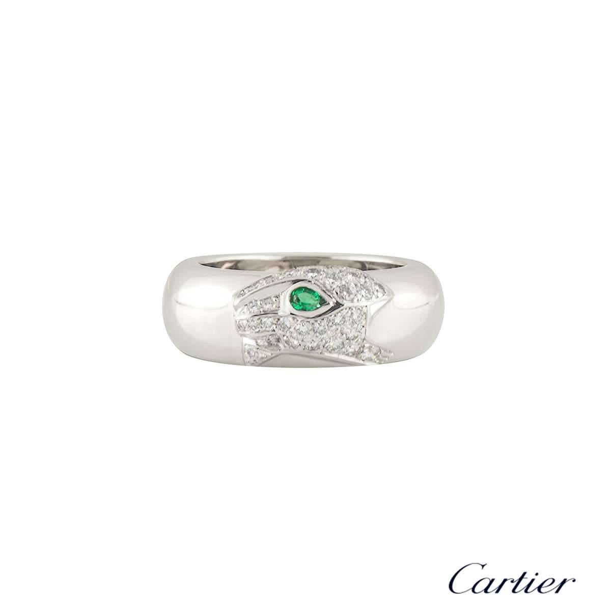 An 18k white gold diamond set ring from the Cartier Panthere collection. The ring is composed of the iconic Panthere head, of which is pave set with graduating round brilliant cut diamonds, leading on to the main body totalling approximately 0.47ct,