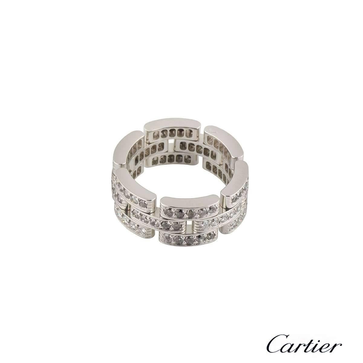 A stunning 18k white gold Cartier diamond Maillon Panthere ring from the Links and Chain collection. The ring comprises of 3 rows of 18 open work flexible panels, each panel is pave set with five round brilliant cut diamonds totalling approximately
