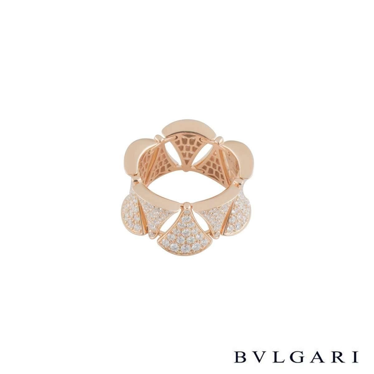 A beautiful 18k rose gold Bvlgari diamond ring from the Diva's dream collection. The ring comprises of 10 triangle motifs jigsawed together to form a ring with round brilliant cut diamonds. The diamonds have a total weight of 2.39ct, D/E colour and