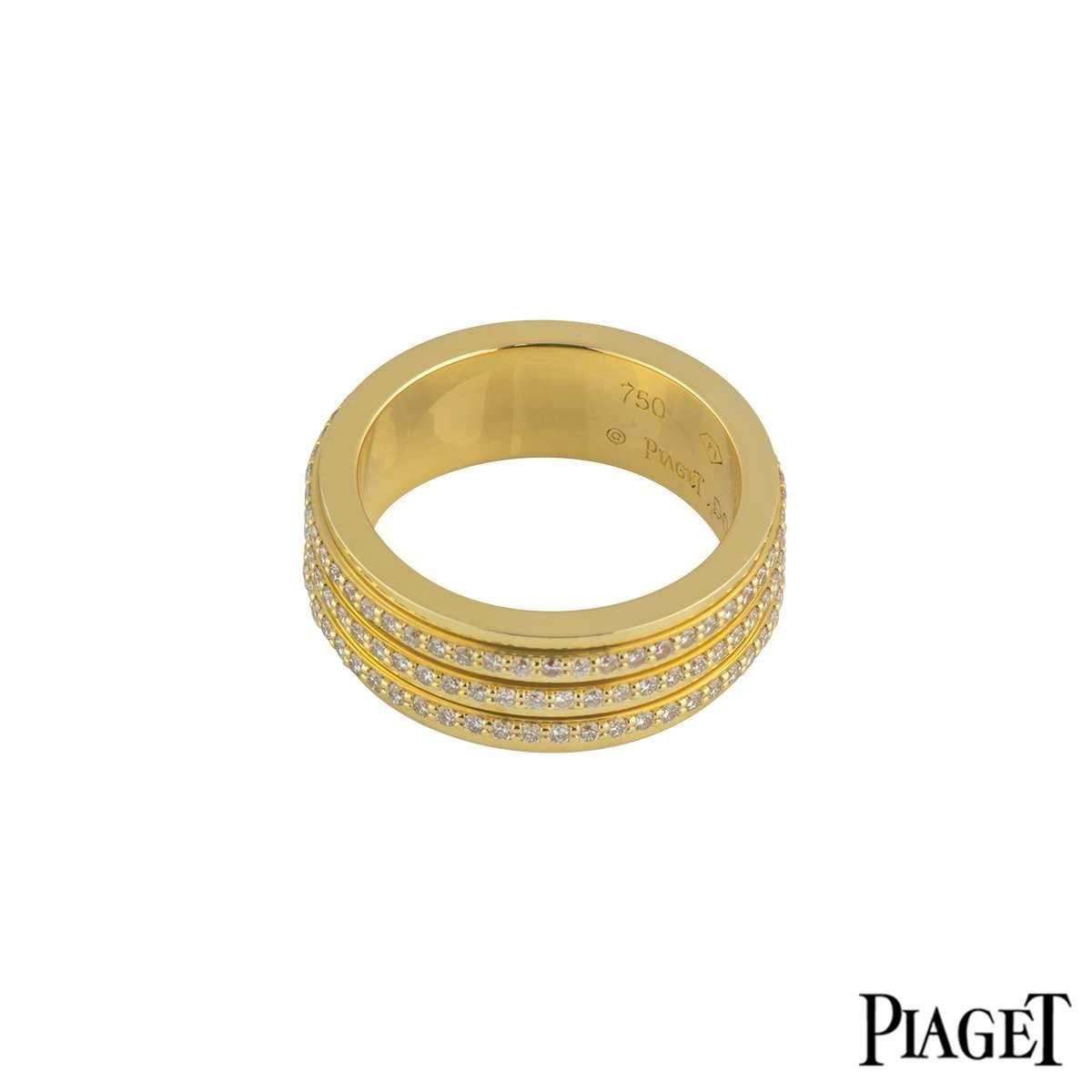 An 18k yellow gold diamond set Possession ring by Piaget. The ring consists of three spinning bands set with 156 round brilliant cut diamonds, totalling 1.40ct. The diamonds are predominantly G+ colour and VS+ in clarity. The ring measures 7.8mm