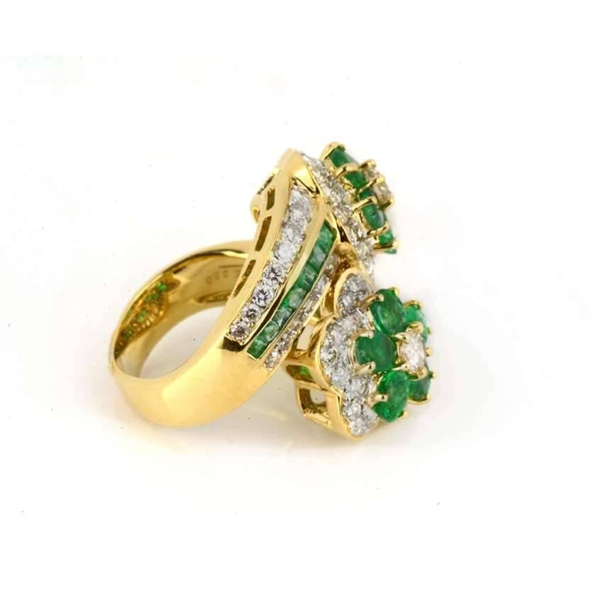 Emerald and Diamond Floral Crossover Ring In Excellent Condition In London, GB