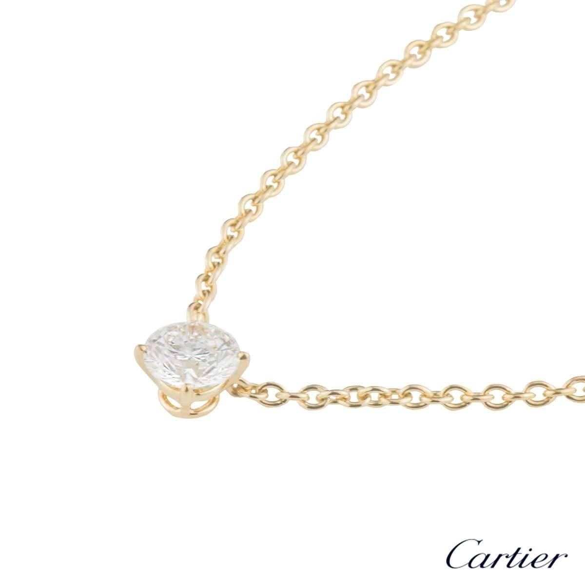 An exquisite 18k yellow gold diamond necklace from the 1895 collection by Cartier. The necklace features a claw set round brilliant cut diamond weighing 1.32ct, G colour and VS1 clarity. The diamond is set on an original 18k yellow gold 16 inch