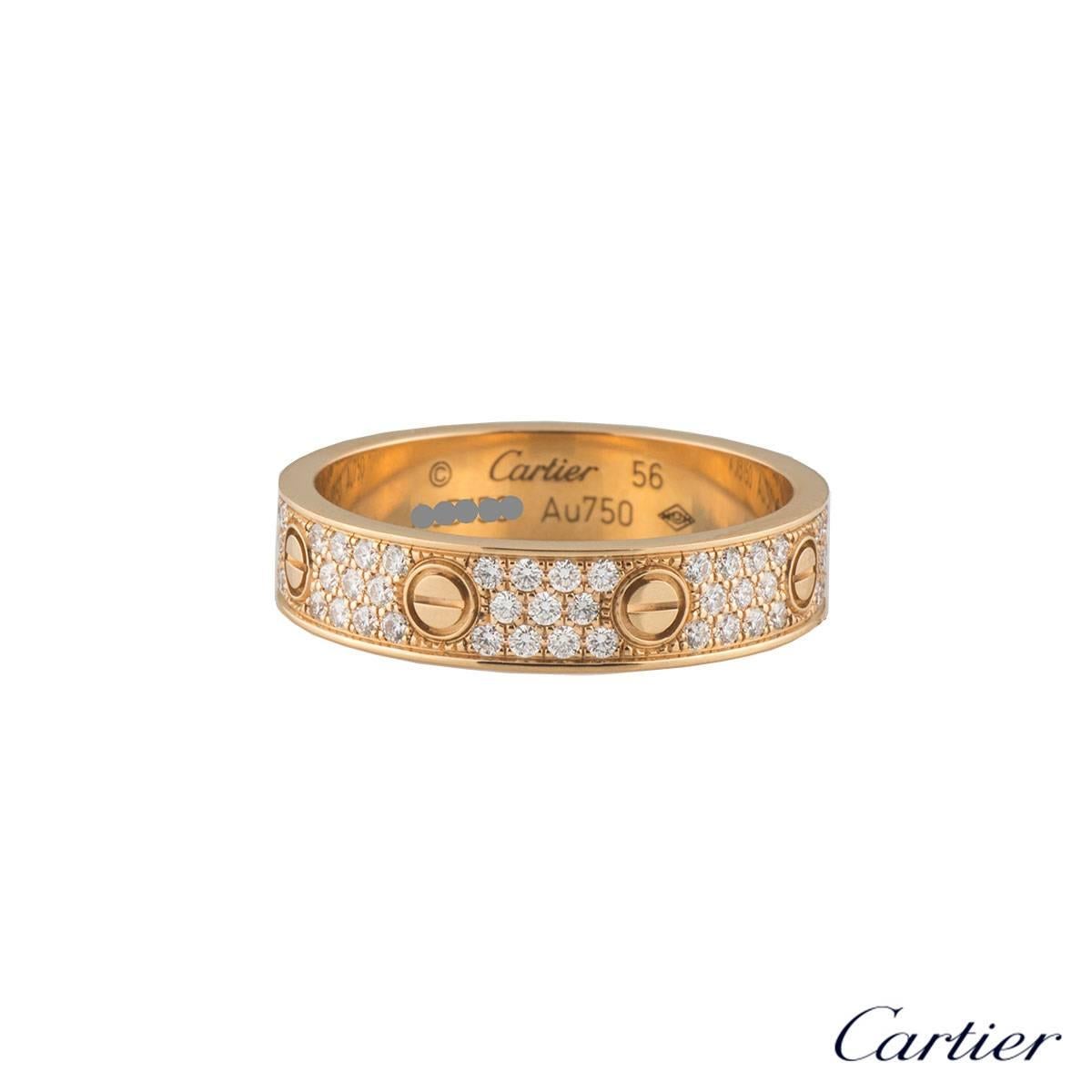 A 18k rose gold Cartier diamond pave ring from the Love collection. The ring comprises of the iconic screw motifs displayed around the outer edges with 88 round brilliant cut diamonds pave set between each screw motif. The total diamond weight is