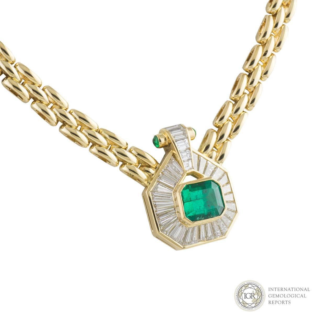 Emerald Cut IGR Certified Emerald and Diamond Yellow Gold Choker Necklace