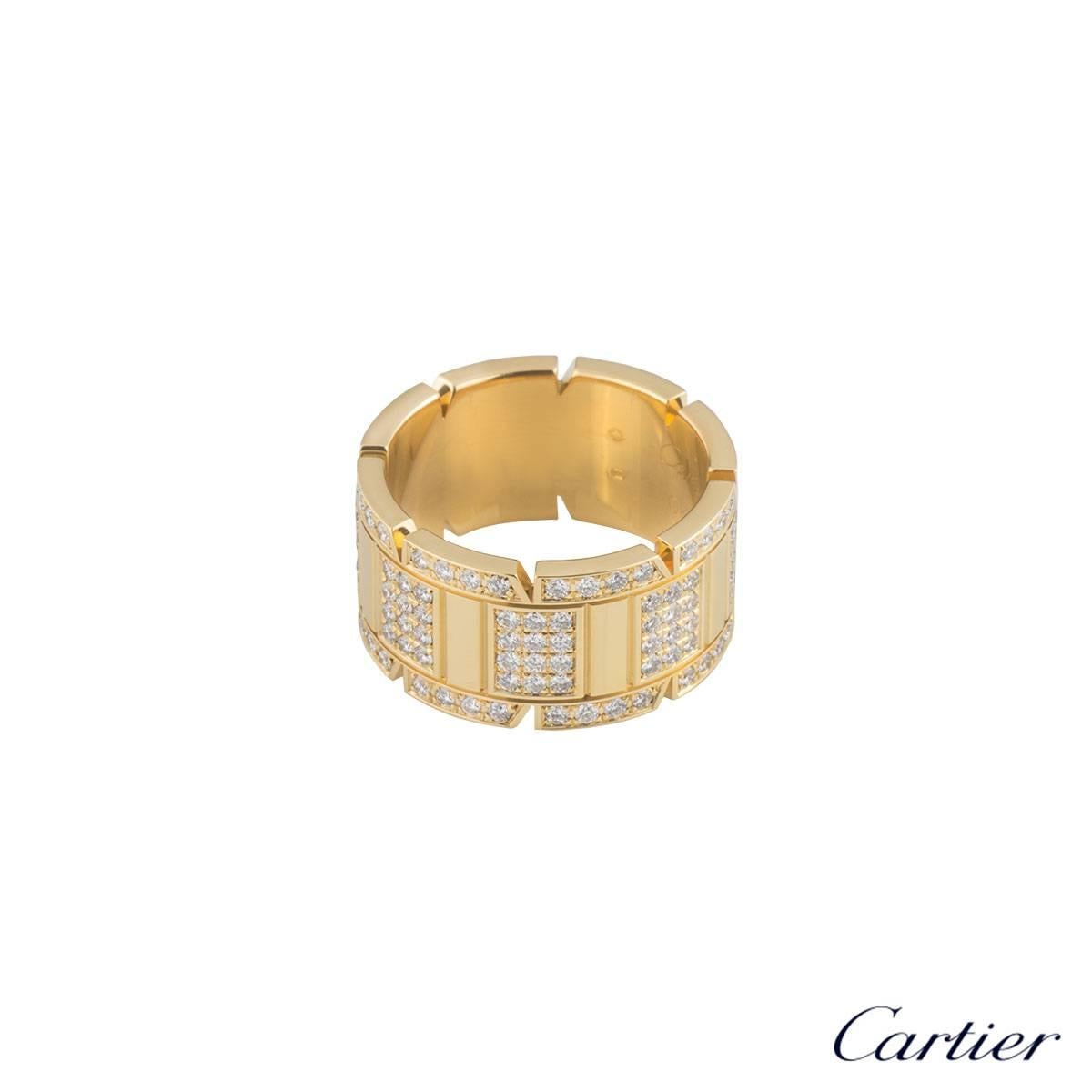 A beautiful 18k yellow gold plain Cartier Tank Francaise ring from the Links and Chain collection. The ring is composed of the iconic triple row of brick work motifs throughout with 160 round brilliant cut diamonds in a pave setting. The diamonds