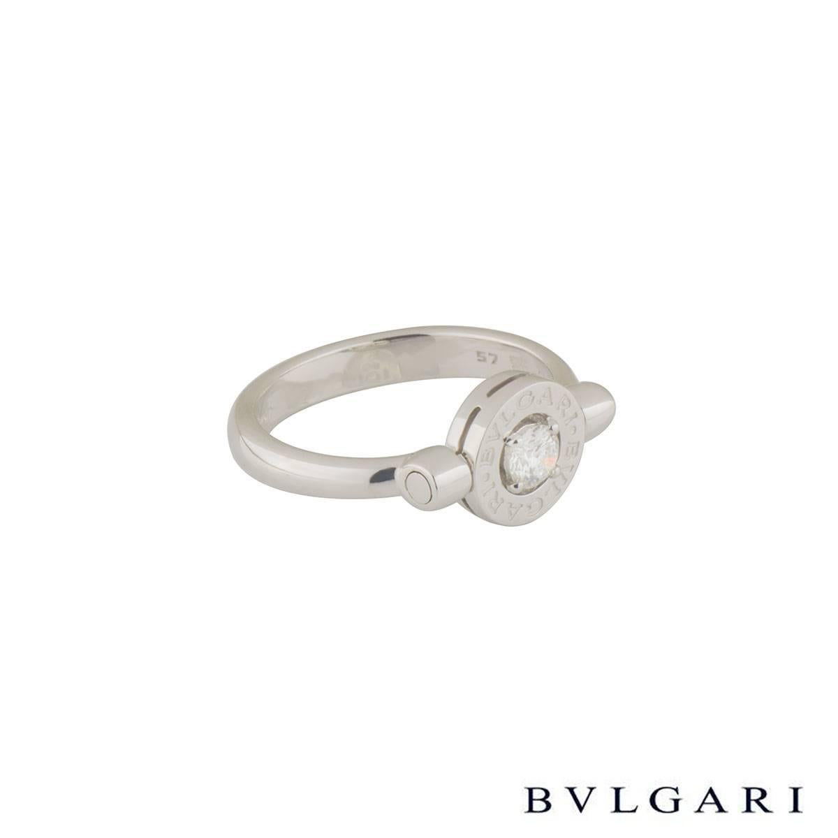 A lovely 18k white gold Bvlgari diamond ring from the Bvlgari Bvlgari collection. The ring comprises of the iconic Bvlgari Blvgari motif circular openwork motif with a round brilliant cut diamond in the centre with a 4 claw setting. The diamond has