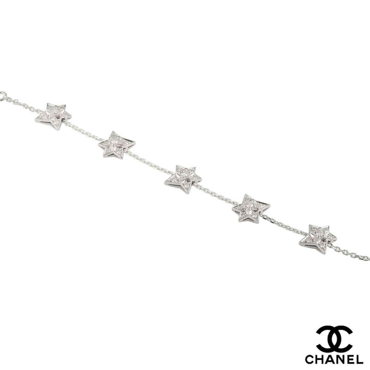 A sparkly 18k white gold diamond Chanel bracelet from the Comete collection. The bracelet comprises of 5 star motifs with round brilliant cut diamonds in a pave setting, with a total weight of 0.90ct, D-F colour and VVS1 clarity. The bracelet