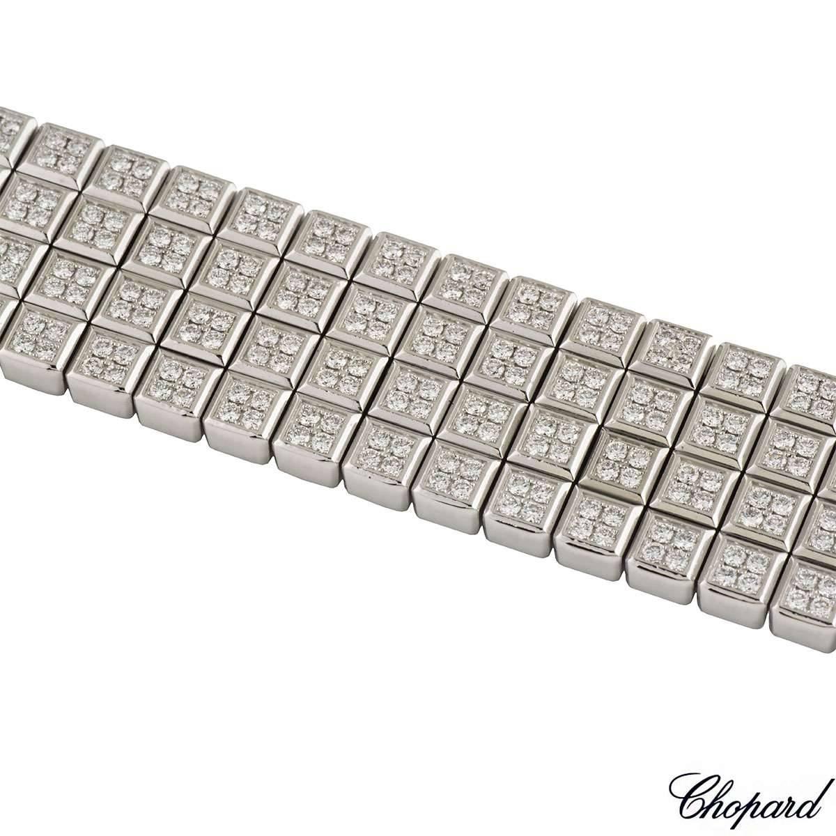 A stunning 18k white gold diamond Chopard bracelet from the Ice Cube collection. The bracelet comprises of 4 rows of cube motifs with 720 round brilliant cut diamonds in a pave setting. The diamonds have a total diamond weight of 5.77ct, G+ colour