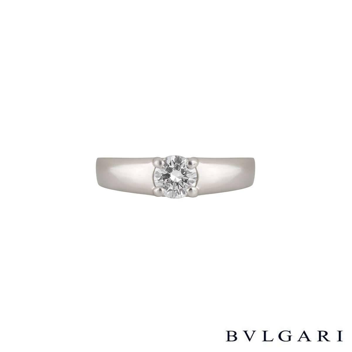 A beautiful diamond single stone ring in platinum from the Marry Me collection by Bvlgari. The ring is set to the centre with a single round brilliant cut diamond weighing 0.50ct, E in colour and VS1 in clarity. The diamond is set within a classic 4