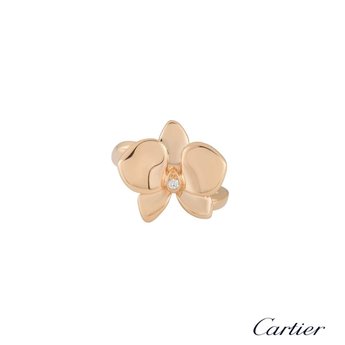 A beautiful 18k rose gold diamond Caresse D'Orchidées par Cartier ring. The ring comprises of an orchid motif with a round brilliant cut diamond in the centre. The diamond weighs 0.02ct, G colour and VS+ clarity. The ring is a US size 6, UK size M