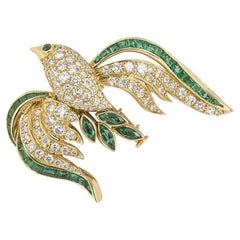 18k Yellow Gold Diamond and Emerald Bird Brooch